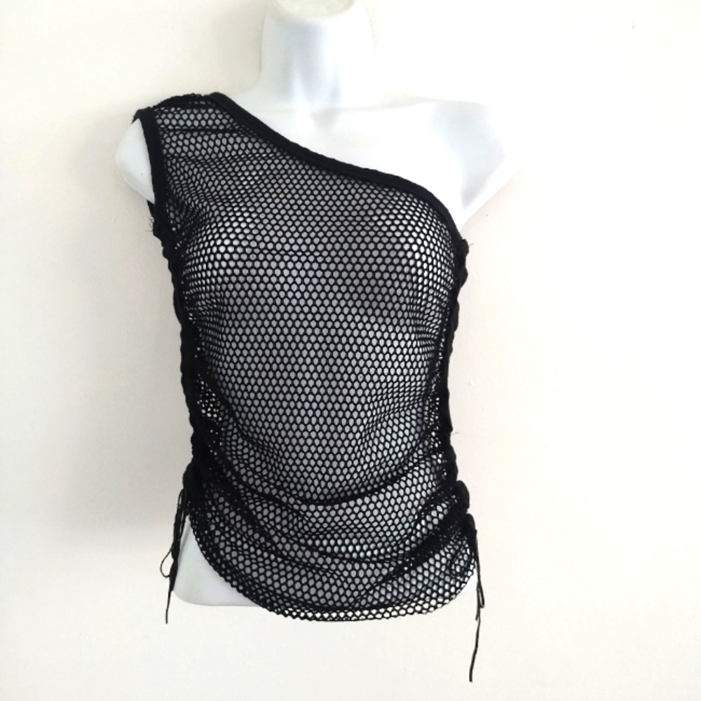 Rare Vintage Y2K Whimsigoth Sheer Mesh Net Side Ruched One Shoulder Top